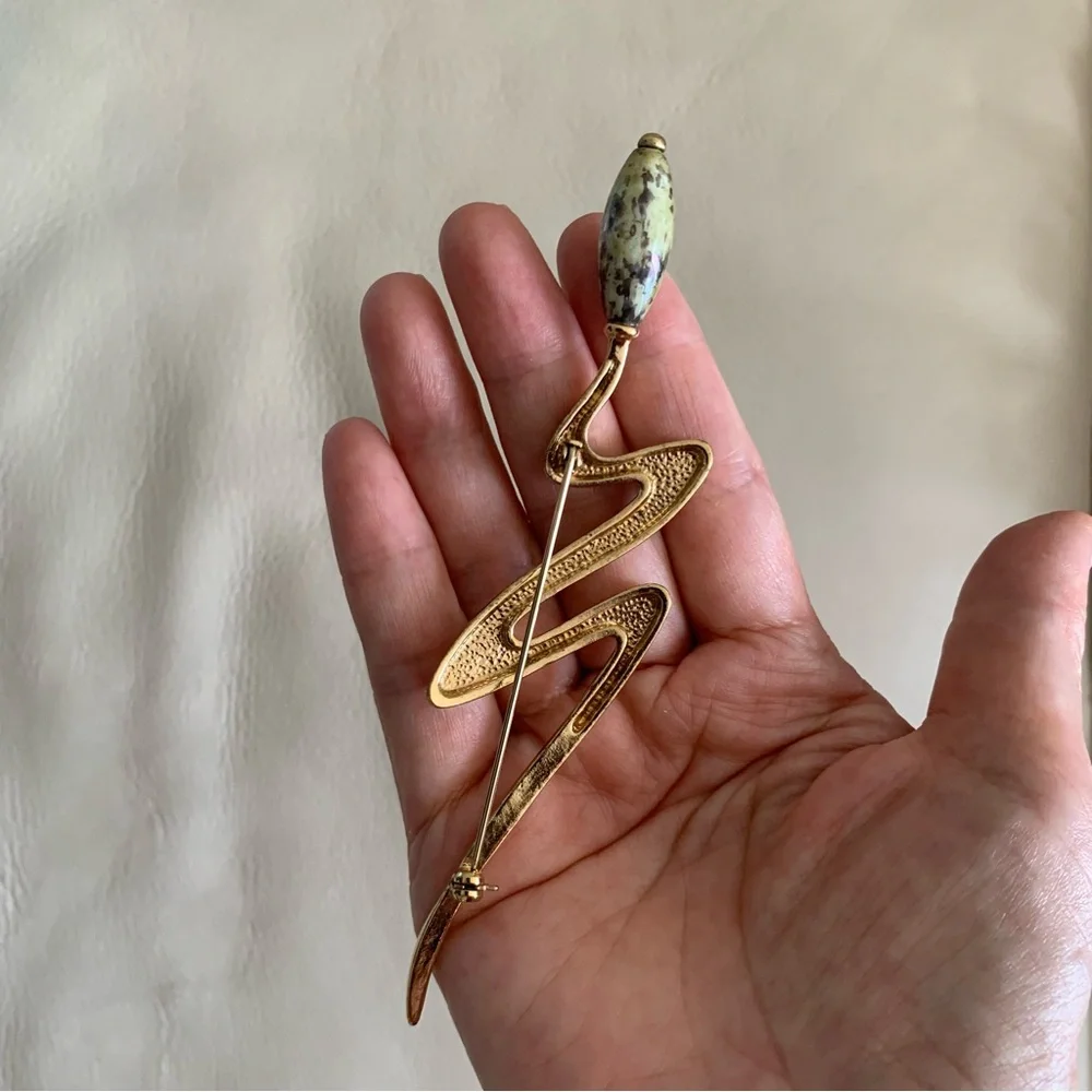 Vintage Abstract Gold Tone Brooch w/ Green Stone Accent Statement Pin Art Deco
